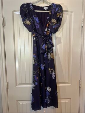 Monique Lhuillier Floral Puff Sleeve Midi Wrap Dress-AS SEEN ON BULL-Size 2